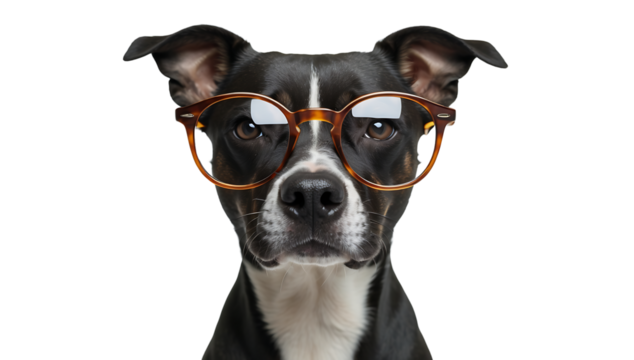 Intelligent black and white dog wearing stylish glasses on transparent background, funny pet portrait for creative designs, advertising, and branding projects

