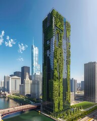 Obraz premium A modern skyscraper adorned with greenery, located in an urban setting, showcasing sustainable architecture and a vibrant cityscape.