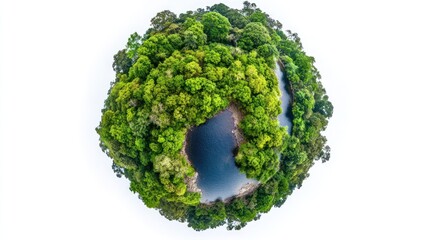 Lush rainforest planet, river, aerial view, white background, environmental campaign
