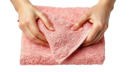 Close up view of hands folding a light pink towel, showing the texture of the fabric and the way the hands are manipulating it.