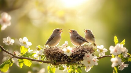 Fototapeta premium Three baby birds chirping in spring blossom nest