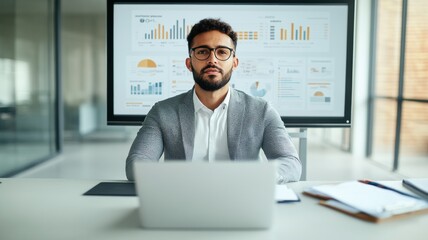 Marketing research concept. Businessman at desk with laptop and data analysis on screen behind him.