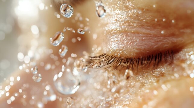 Close-up of woman's face with water droplets, emphasizing hydration and refreshing skincare routine - Powered by Adobe