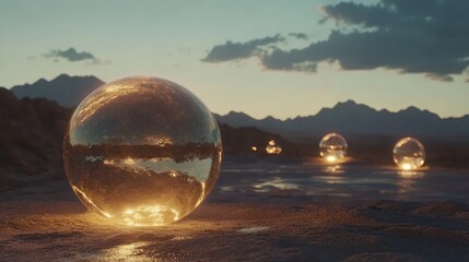 Desert sunset, glowing glass spheres reflecting mountains, futuristic landscape, concept art