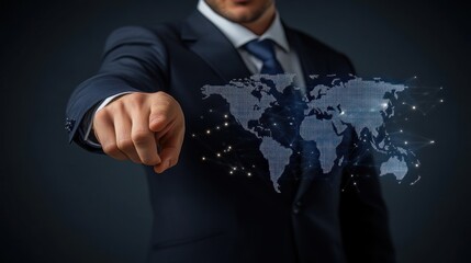 Businessman pointing global network, dark background, worldwide connectivity, marketing concept