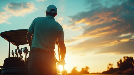 Golfer sunset golf course cart relaxation