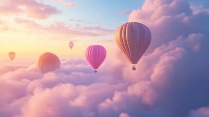 Fototapeta premium Hot air balloons soar above sunset cloudscape