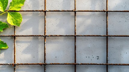 Rustic Wire Mesh Grid on Weathered Concrete Wall with Green Leaves