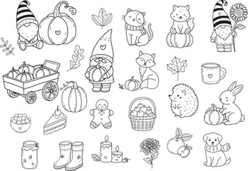 Autumn line art fall with gnome wildanimal pumpkin doodle outline elements, hand drawn leaf flower isolated.vector illustration