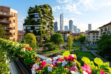 Fototapeta premium Green Cityscape Modern Architecture with Lush Vertical Garden and City Skyline