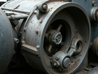 Naklejka premium Weathered and rusty industrial machinery with scattered orange speckles, industrial machinery, grime buildup, corrosion