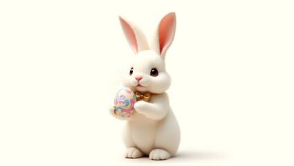 Obraz premium Cheerful Easter Bunny with Basket of Colorful Eggs in a Playful Pose, Happy Easter Bunny Holding Basket of Eggs on a Bright, Simple Background