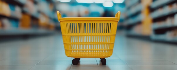 Marketing research concept. Yellow shopping cart in a supermarket aisle.