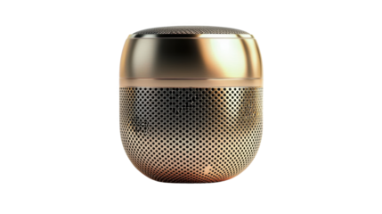 Small, gold toned portable speaker, featuring a textured, perforated design. Rounded shape with gradient color effect.  Dark background.