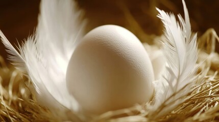 White egg nestled in straw nest, soft feathers, rustic background, spring