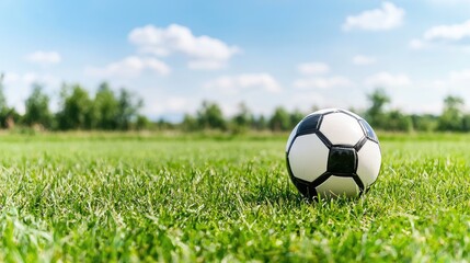 Fototapeta premium Soccer ball on green field, sunny day, trees background