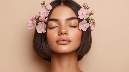 Naklejka premium Serene woman, flowers in hair, studio, beige backdrop, beauty ad