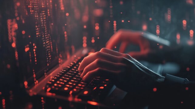Hacker typing code, digital rain background, cybersecurity, dark room, website security