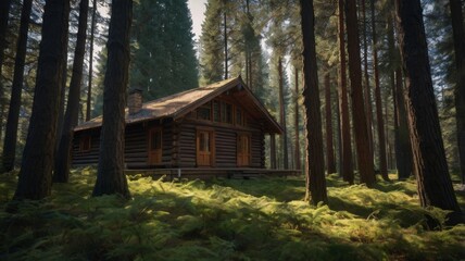 Secluded Log Cabin Nestled in a Sun-Dappled Forest