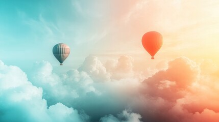 Obraz premium Two hot air balloons soar above colorful clouds at sunrise, idyllic travel scene