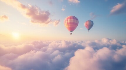Fototapeta premium Sunset hot air balloons soar above cloudscape