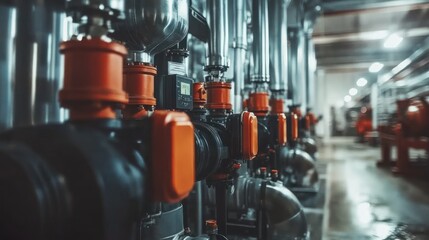 Fototapeta premium Industrial pipes, valves, and gauges in a facility's basement, showing HVAC systems and equipment