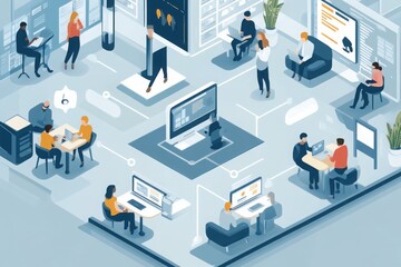 A modern office environment with diverse individuals collaborating, using technology, and engaging in various tasks in a well-organized space.