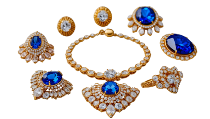 Luxury gold jewelry set with blue sapphire gemstones and diamonds on transparent background, elegant fashion accessories for weddings, special occasions, and high-end design projects
