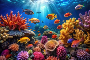 Warm coral reef scene with schools of colorful fish swimming amidst the vibrant coral formations, tropical reef, marine habitat, sea creatures, colorful fish, aquatic ecosystem