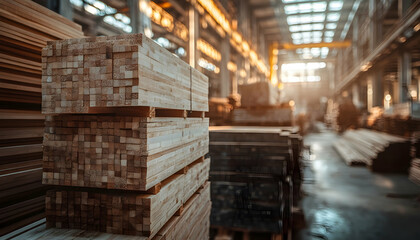 Stacks of Lumber in an Industrial Warehouse with Natural Light