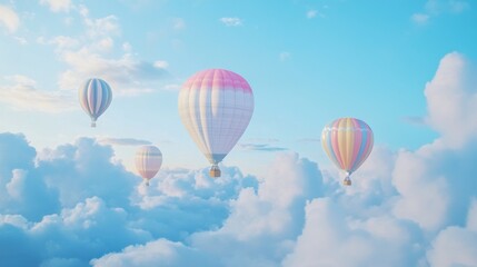 Naklejka premium Pastel hot air balloons soar above fluffy clouds at sunrise, idyllic travel scene