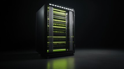 Illuminated server rack in dark data center, processing data