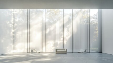 Modern minimalist lounge, sunlit forest view, serene interior design, architectural visualization