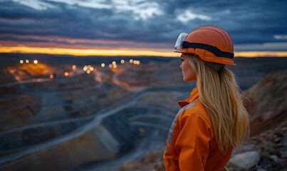 Woman in Hard Hat Overseeing Mining Operation at Sunset