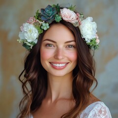 Smiling woman floral crown, studio portrait, textured background, wedding