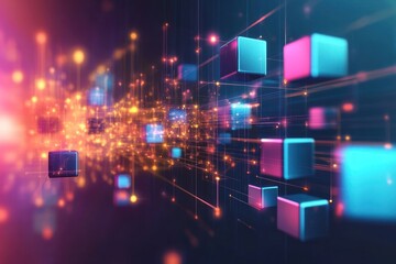 Data stream flowing through digital network, glowing particles background, tech presentation