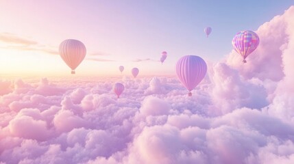 Obraz premium Hot air balloons soar above pastel clouds at sunrise; dreamy travel poster