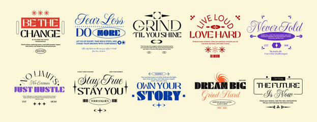 Minimalist typography set, for poster, t-shirt design. Vintage typography quotes vector set. Trendy typographic bundle for clothing design, Vintage lettering for t shirt 