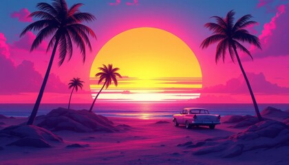 Retro Beach Sunset Landscape with Classic Car
