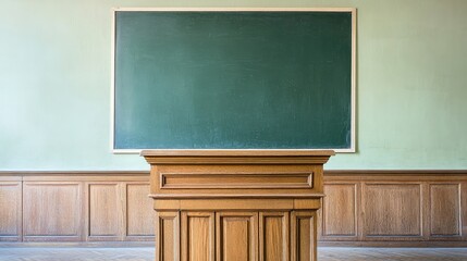 A classic wooden podium in front of a chalkboard in a lecture hall