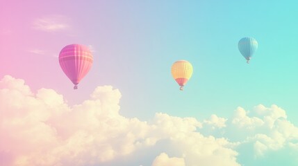 Obraz premium Pastel hot air balloons float above fluffy clouds, dreamy sky, travel poster
