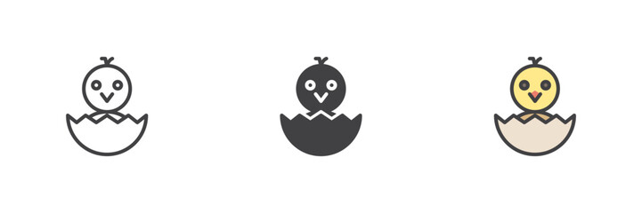 Chick hatching from an egg different style icon set