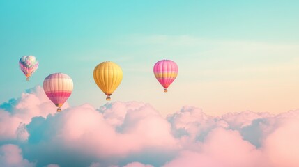 Fototapeta premium Colorful hot air balloons soar above pastel clouds at sunrise; travel, freedom concept