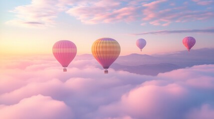 Fototapeta premium Hot air balloons soar above misty mountains at sunrise; travel poster