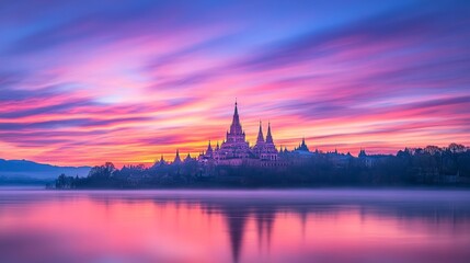 Fototapeta premium Serene Sunset Temple Reflection on Calm Water