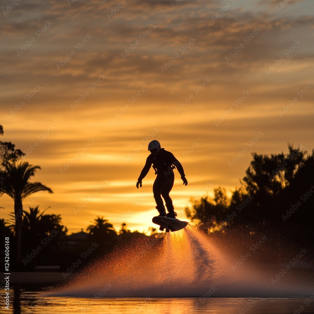 Wall mural Sunset Flyboarder Silhouetted, Lake, Action Shot, Recreation