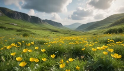 Vibrant wild buttercups blooming in lush green Irish fields, nature, botanical, meadow
