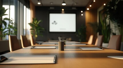 A conference room setup with a projector, notepads, and pens placed on the table