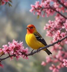 Obraz premium Vibrant western tanager perched on a blossoming tree branch in Idaho, Idaho, perched, branch, spring