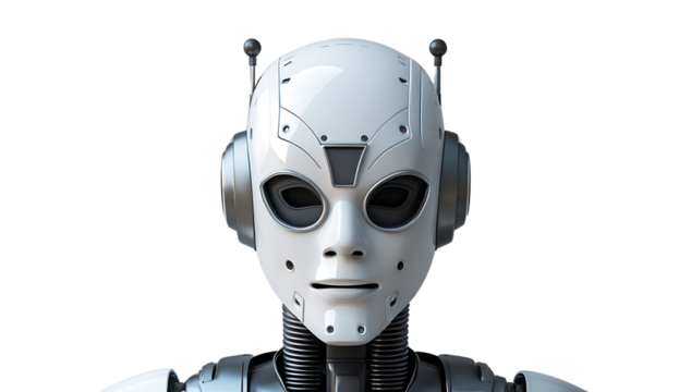 Futuristic humanoid robot with white cybernetic design and AI technology on transparent background, advanced artificial intelligence concept for sci-fi, robotics, and technology projects
